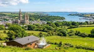 Truro Cathedral overlooking the Roseland coastline, Trelissick Gardens, St Mawes Harbour and a luxury woodland lodge with hot tub near Truro, Cornwall.