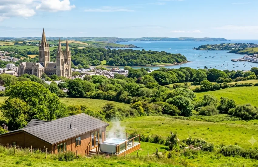 Truro Cathedral overlooking the Roseland coastline, Trelissick Gardens, St Mawes Harbour and a luxury woodland lodge with hot tub near Truro, Cornwall.