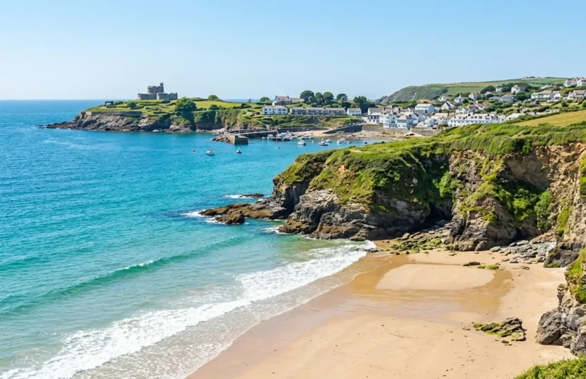 Best Beaches Near Truro and the Roseland Peninsula 1 A sunny sandy beach cove in South Cornwall with turquoise waves, green sea cliffs, a coastal village, and a historic castle on a distant headland