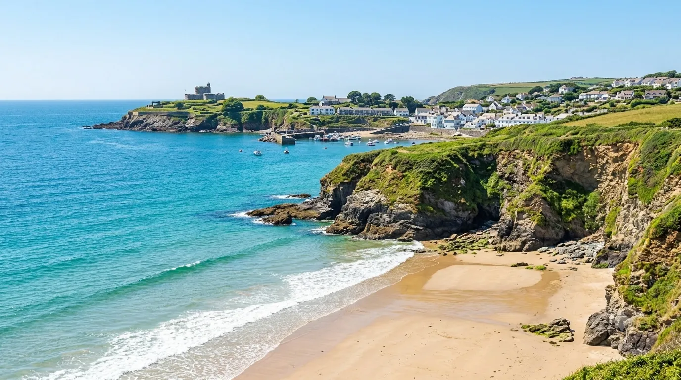 A sunny sandy beach cove in South Cornwall with turquoise waves, green sea cliffs, a coastal village, and a historic castle on a distant headland