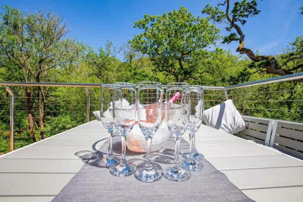 champagne glasses on a balcony table at tresillian lodge